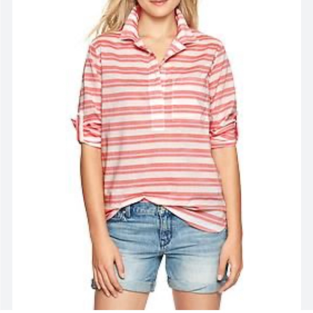Gap Maternity Pink Orange Popover Roll Tab Sleeve Collared Cotton Striped Shirt